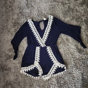 Navy Blue Womens Romper with White Lace Trim